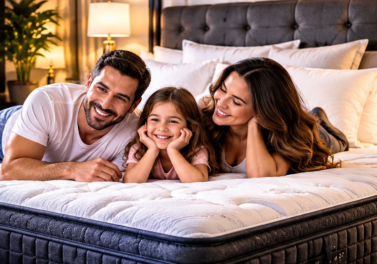 Familia descansando sobre un colchón