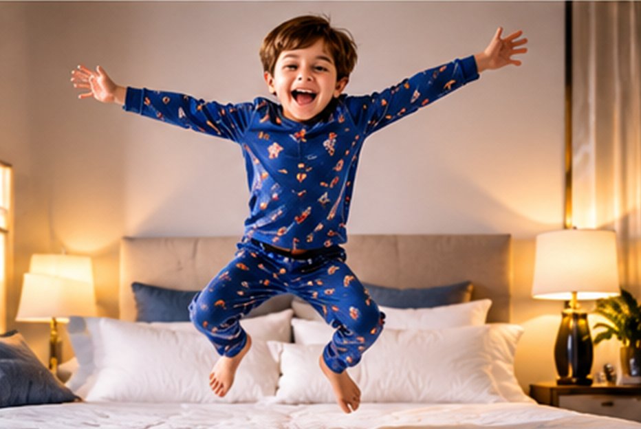 Niño saltando en la cama